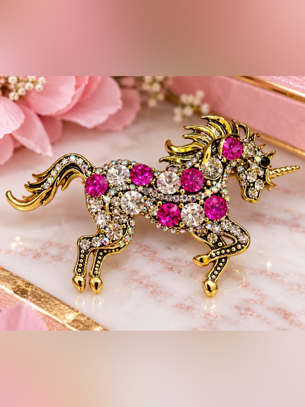 Gold-Tone Unicorn Brooch with Pink and Clear Crystals
